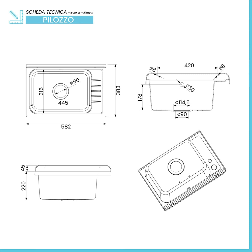 Pilozzo da muro 58x38 bianco PVC piletta in acciaio inox 9 cm inclusa