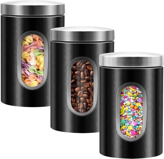 LYFJXX 3-deligo cassettiera da cucina, contenitore per alimenti in acciaio inossidabile con finestra trasparente, contenitori per la raccolta di caffè, tè, noci, farina e zucchero (nero)