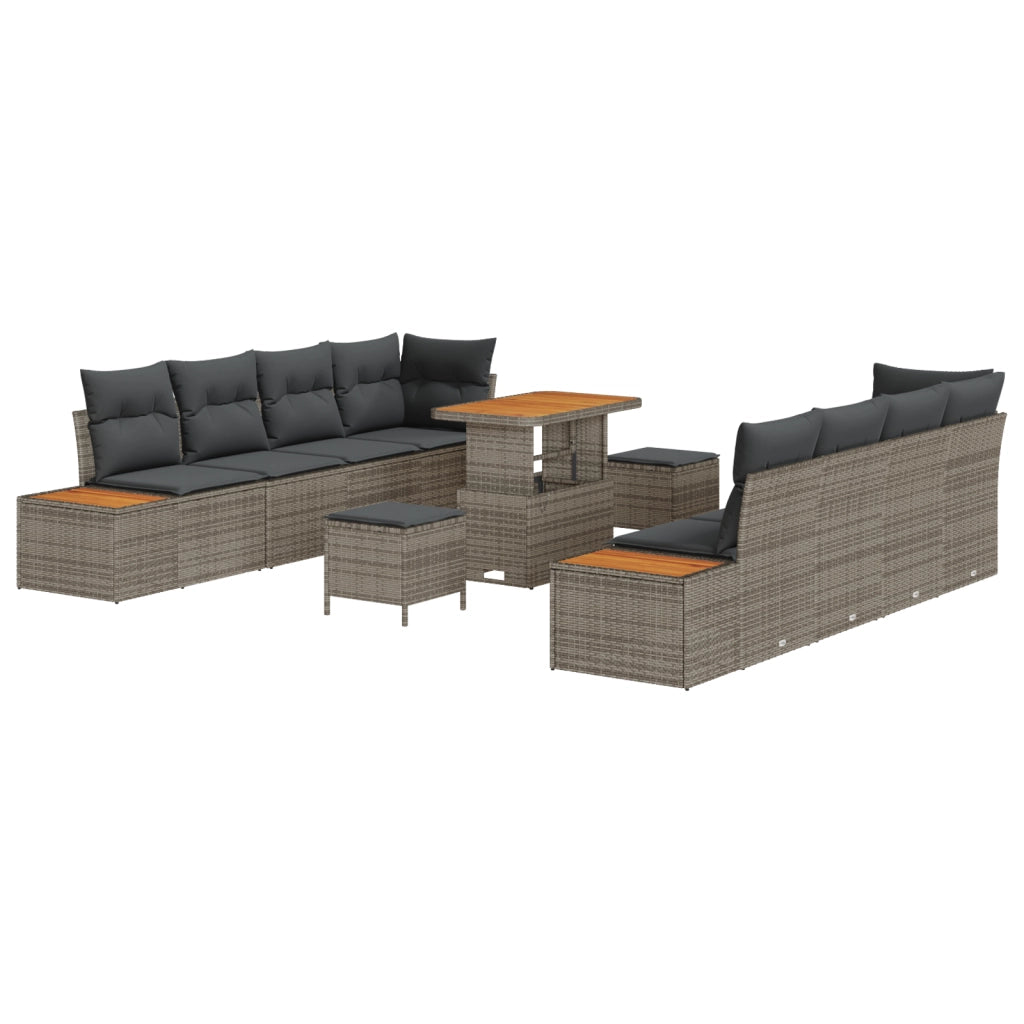 Set Divano da Giardino 11 Pezzi con Cuscini Grigio Polyrattan Acacia