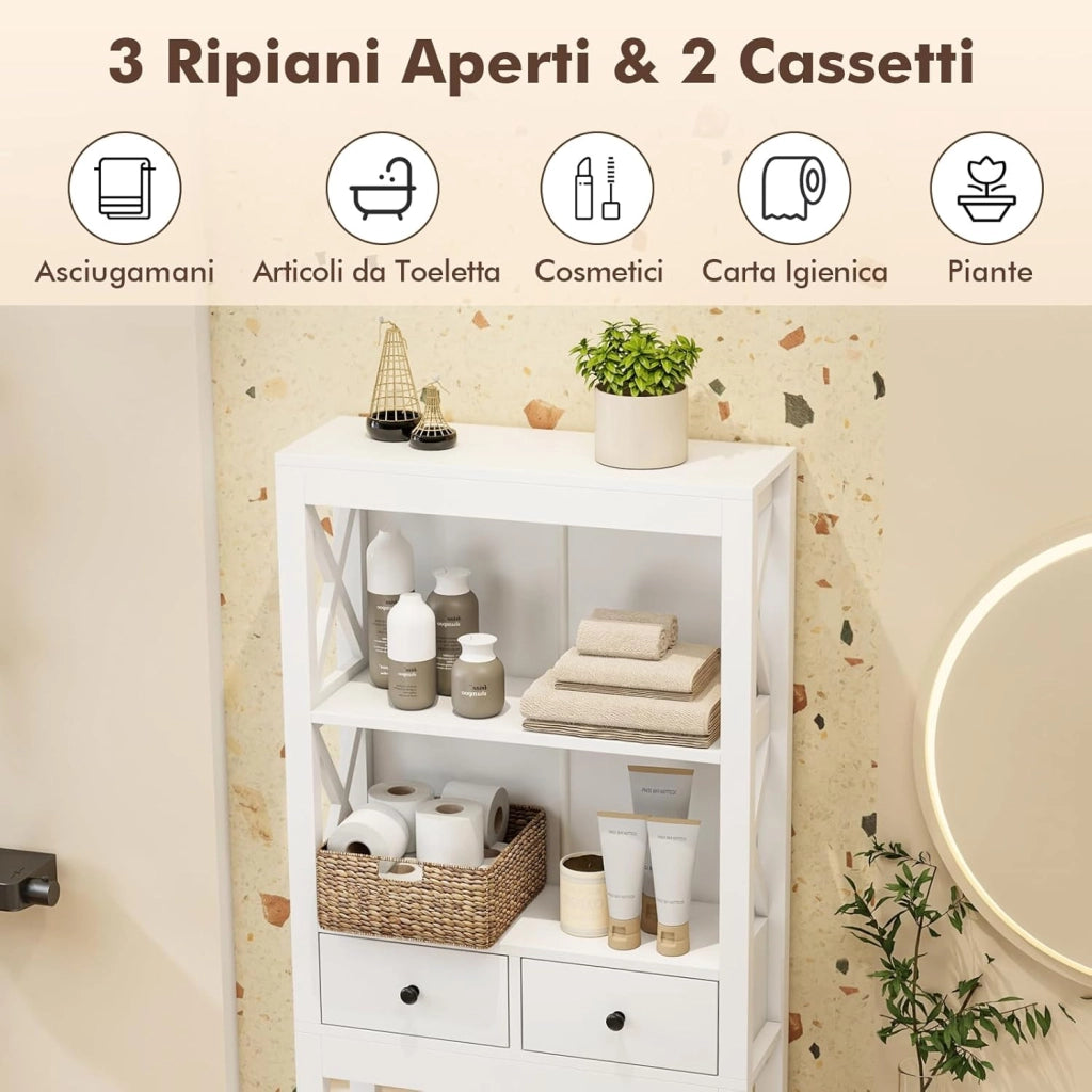Mobile Sopra Lavatrice, Armadietto da Bagno Indipendente Alto 165 cm con Ripiani Aperti, Cassetti e Barra Inferiore Regolabile, Mobile Sopra WC Salvaspazio, 60 x 20,5 x 165 cm