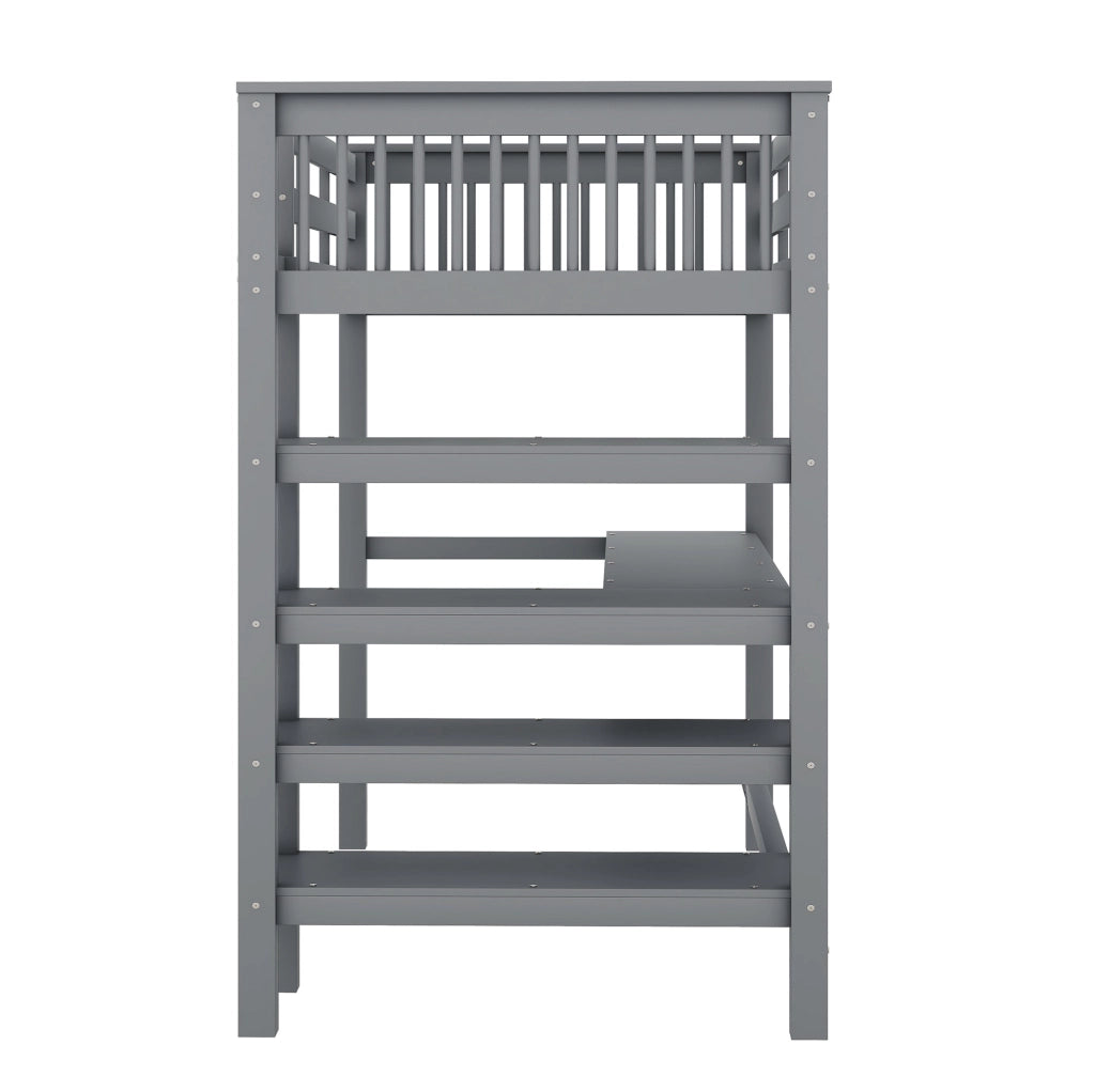 Letto a soppalco 90x200 cm con scrivania e vani portaoggetti in pino e MDF grigio