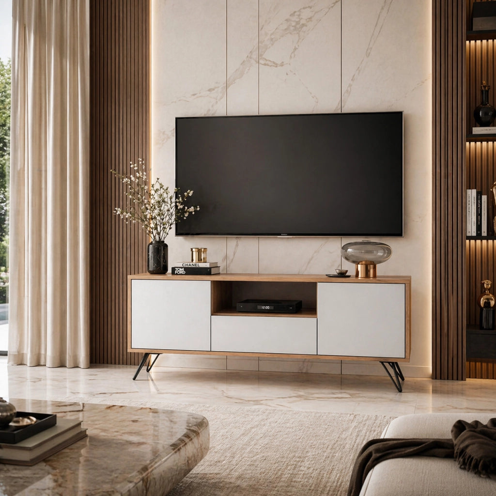 Mobile TV Con 2 Ante Battenti Anta A Ribalta E Vano A Giorno Mobile Porta TV Design Minimal Moderno Per Soggiorno Salotto Zona Living Sala Da Pranzo 137 X 52 X 33 Cm Rovere E Bianco