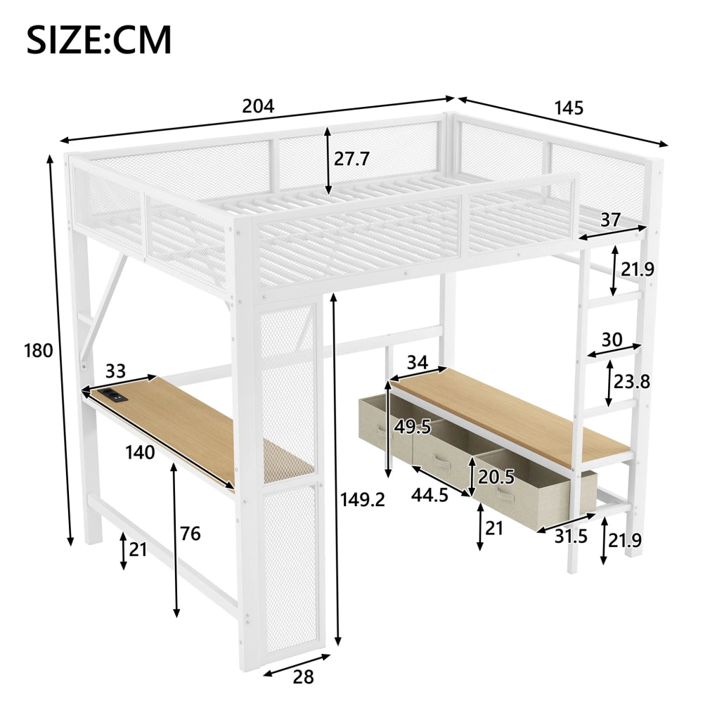 Letto a soppalco 140x200 cm con scrivania; LED e 3 cassetti in metallo e MDF bianco