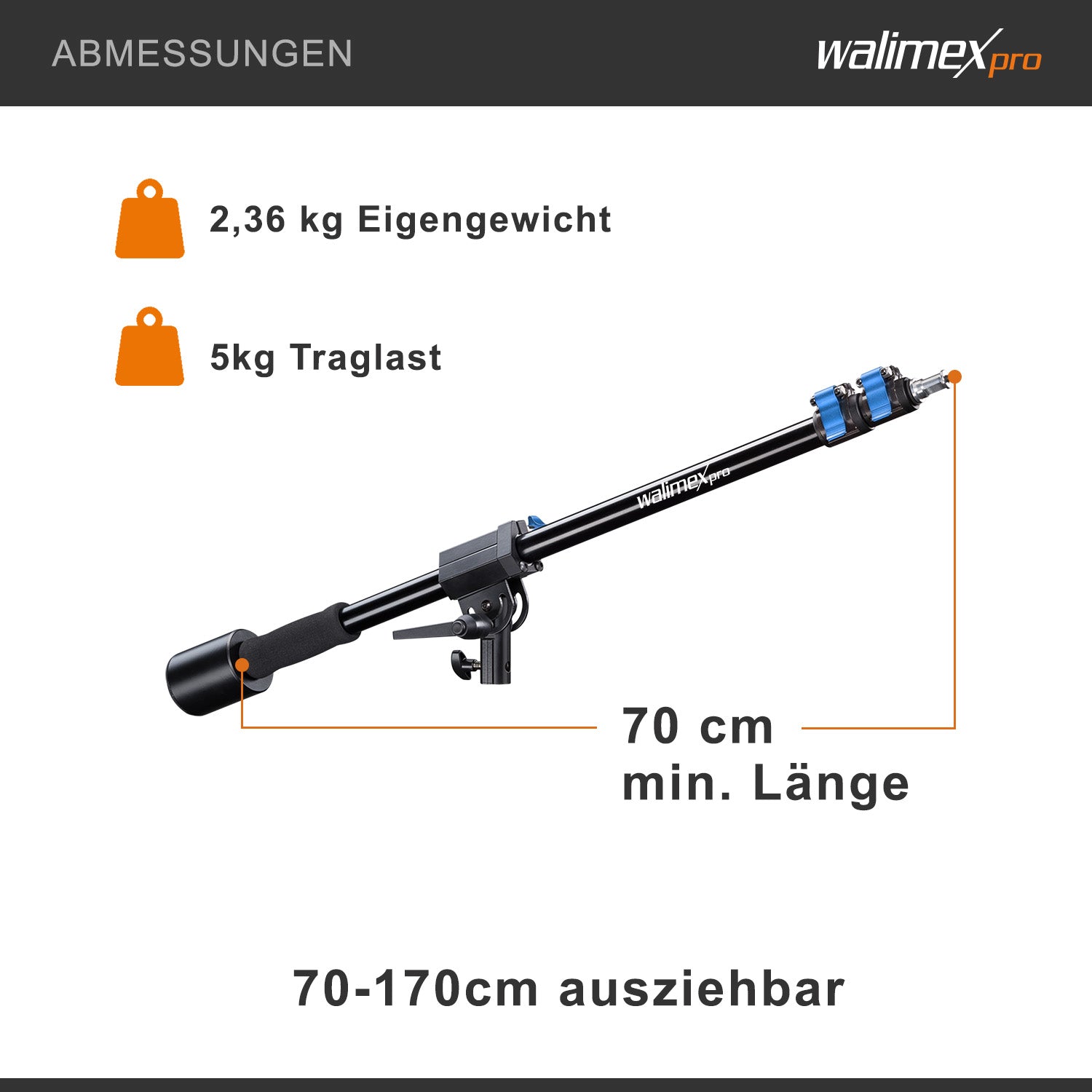 Braccio per treppiedi per luci estensibile da 70 a 183 cm, asta inclinabile e caricabile fino a 5 kg, attacco da 5/8", ideale per softbox, riflettori, ombrelli o microfoni