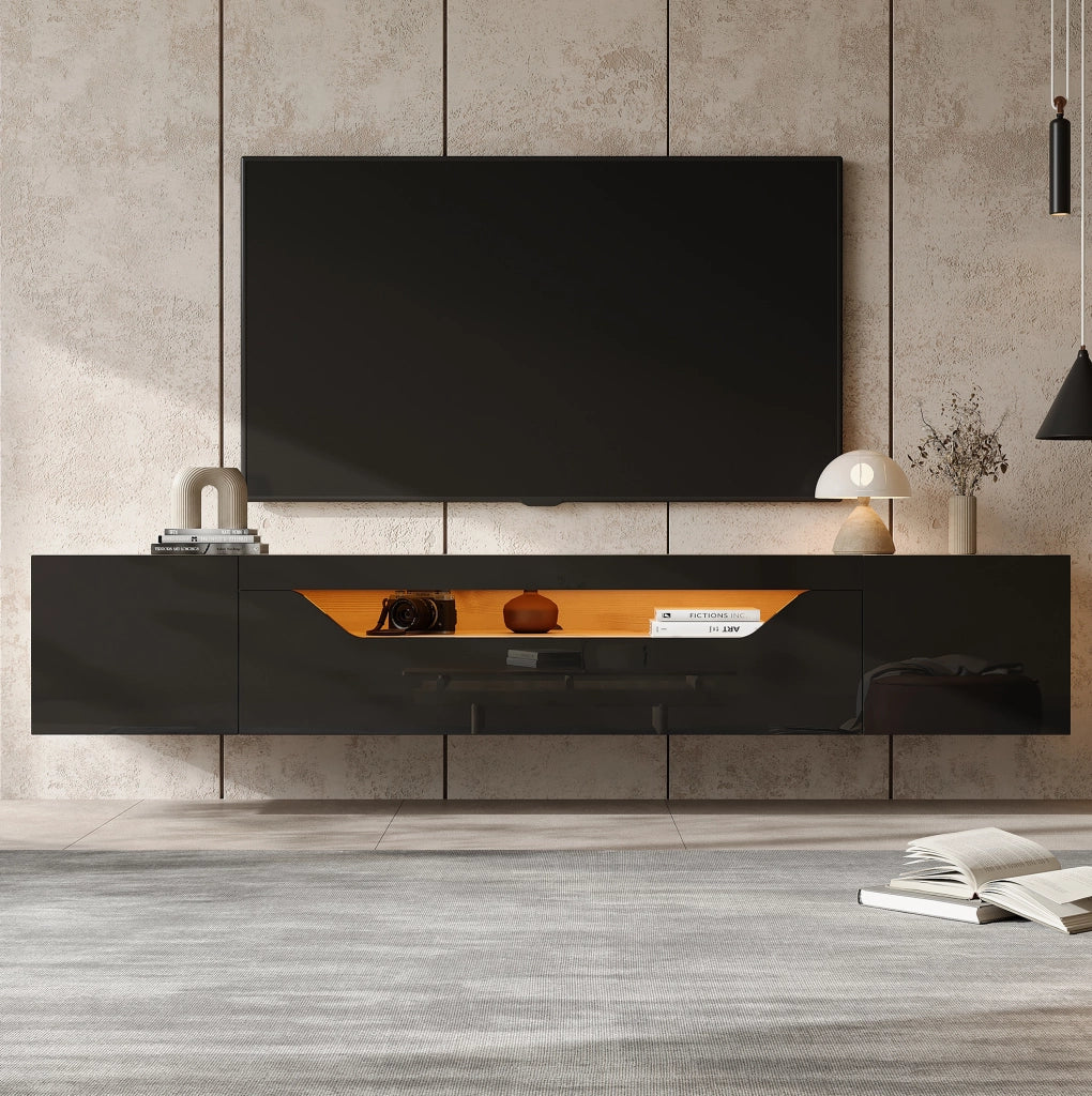 Mobile TV sospeso 180 cm con LED, 3 vani e frontale lucido nero/legno
