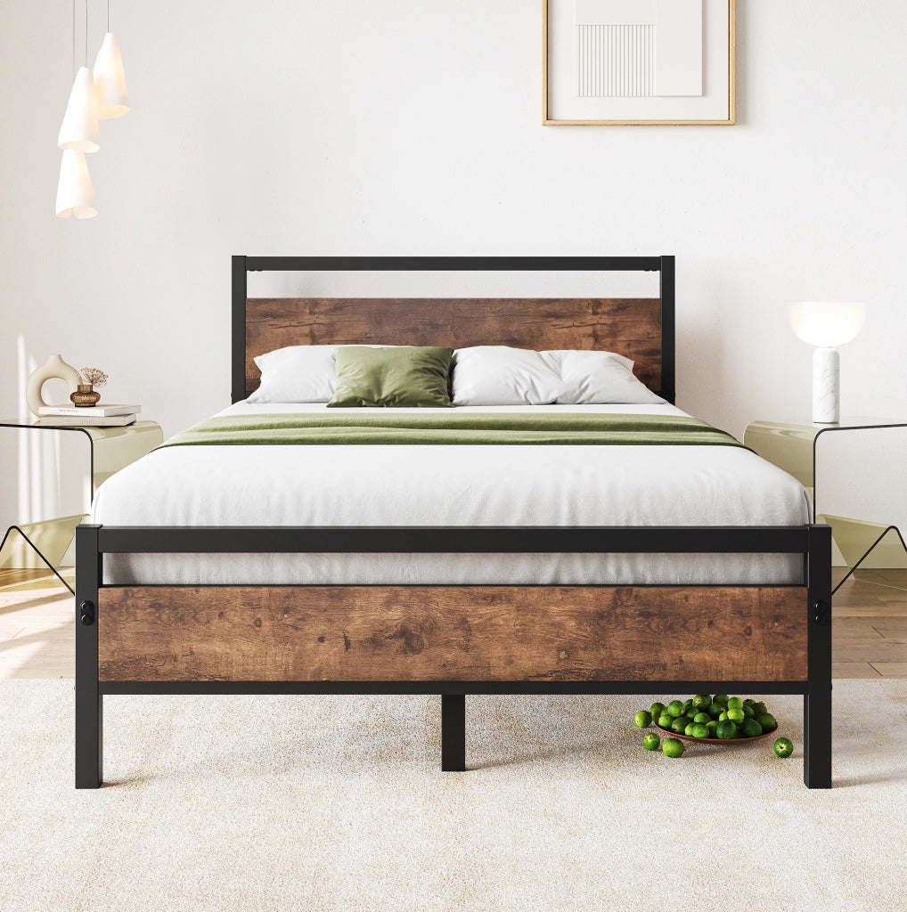 Letto singolo 140x200 cm in metallo e MDF marrone antico con rete a doghe e contenitore