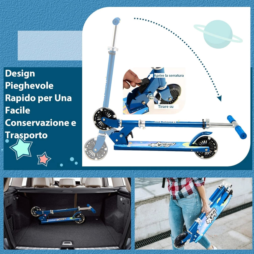 Monopattino Bambini, Monopattino Bambino e Bambina +3 Anni Pieghevole con 2 Ruote Lampeggianti, Manubrio Regolabile e Freno (Blu)