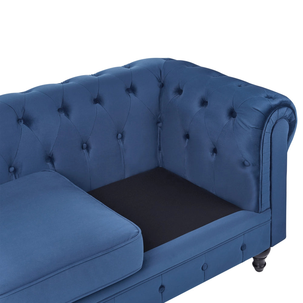 Chesterfield Soggiorno Set Rivestimento in Tessuto Velluto Blu Gambe in Legno Scuro Divano a 3 Posti + Poltrona Contemporanea