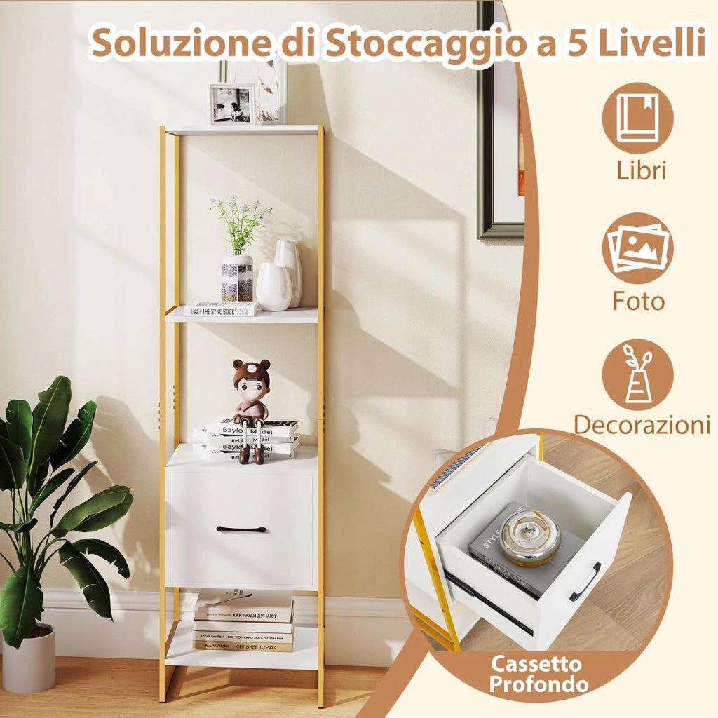 Libreria a 5 Ripiani con Cassetto, Scaffale di Stoccaggio con Struttura in Metallo e Kit Antiribaltamento, Unità Espositiva Autoportante per Camera da Letto Soggiorno, 45x35x160 cm (Bianco)