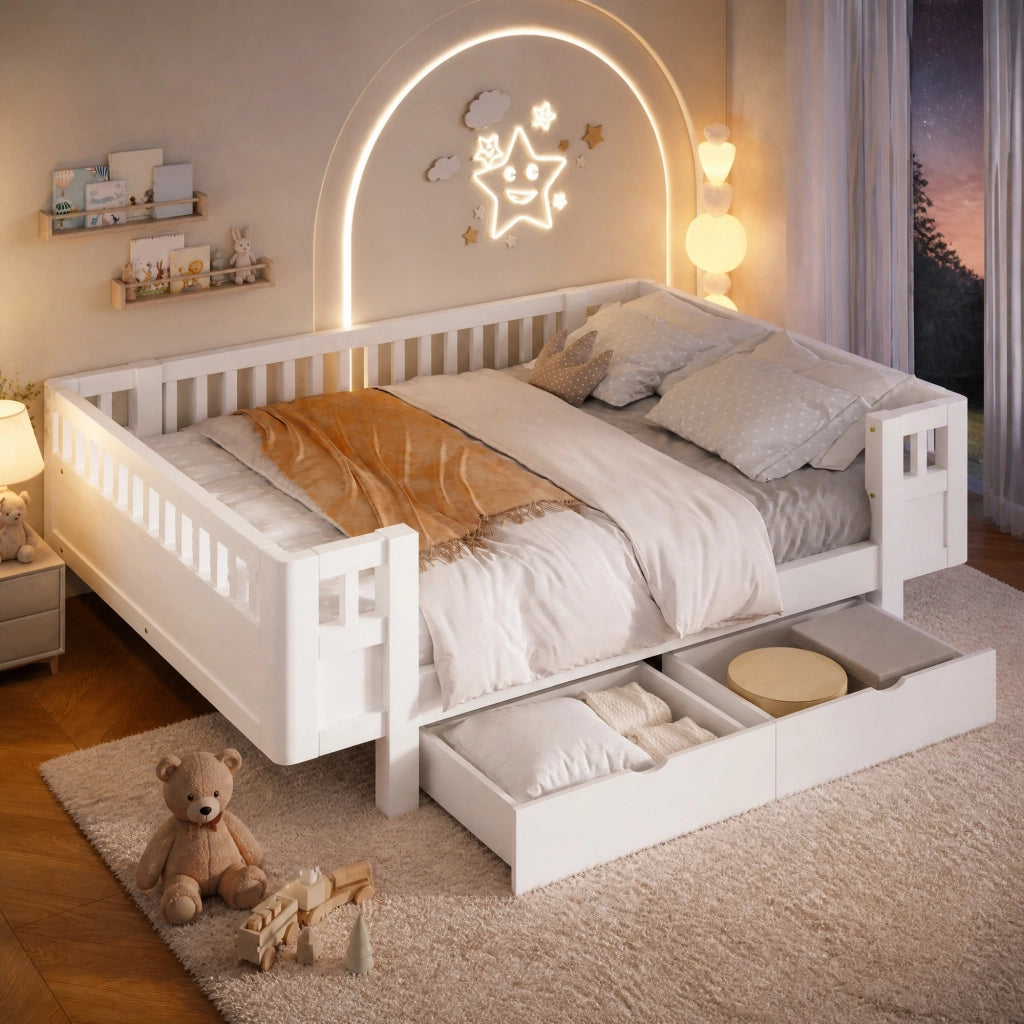 Letto per bambini con barriera alta e 2 cassetti, bianco