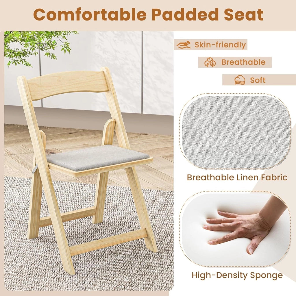 2 sedie pieghevoli in legno, con seduta imbottita, salvaspazio, per casa, ufficio e feste, 44 x 47 x 77 cm, portata fino a 160 kg