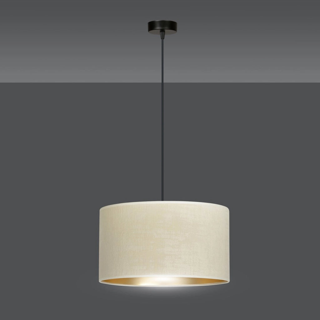 Lampada a sospensione Hilde con paralume in velluto bianco e interno oro