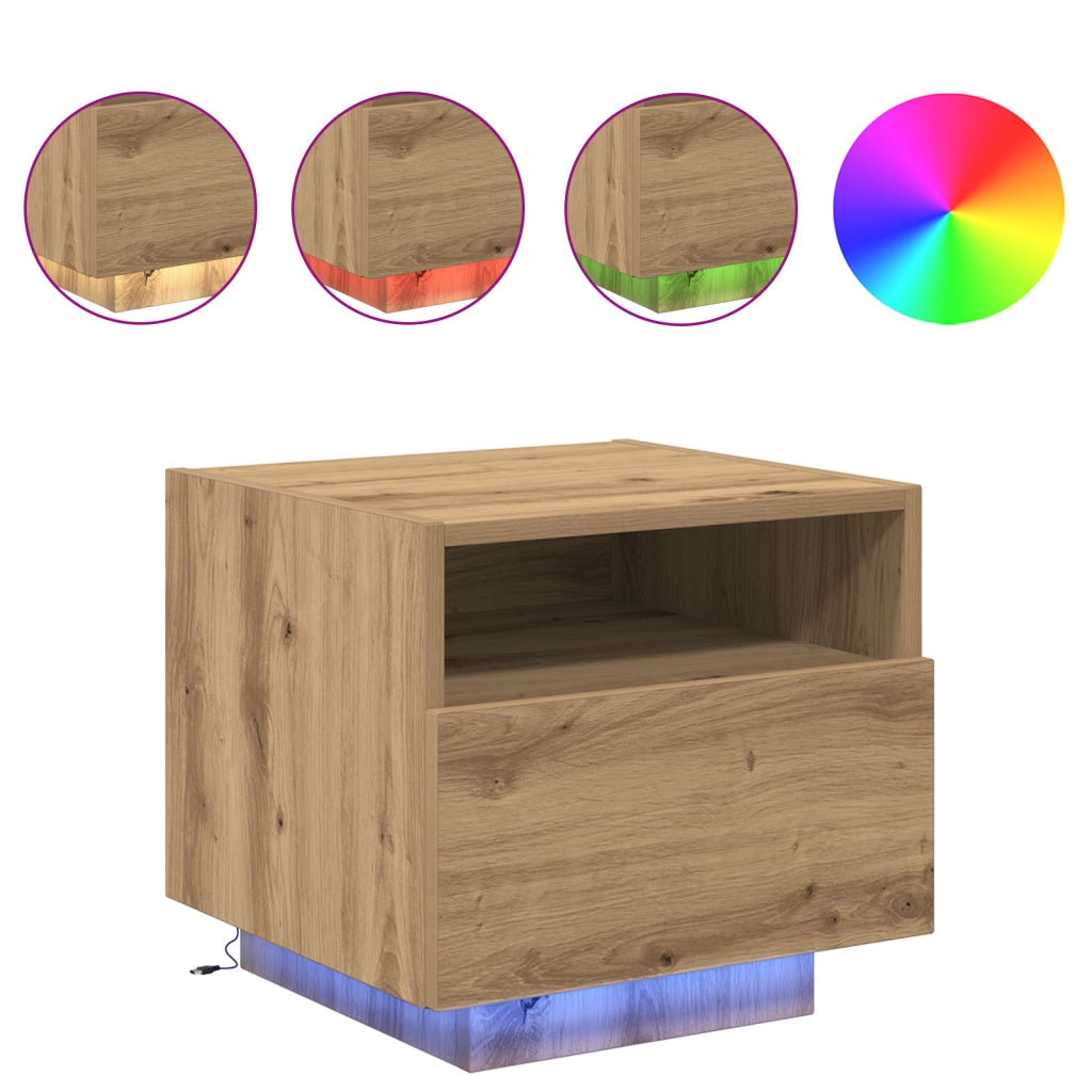 Comodino  con luci LED Rovere artigianale 40x39x37 cm