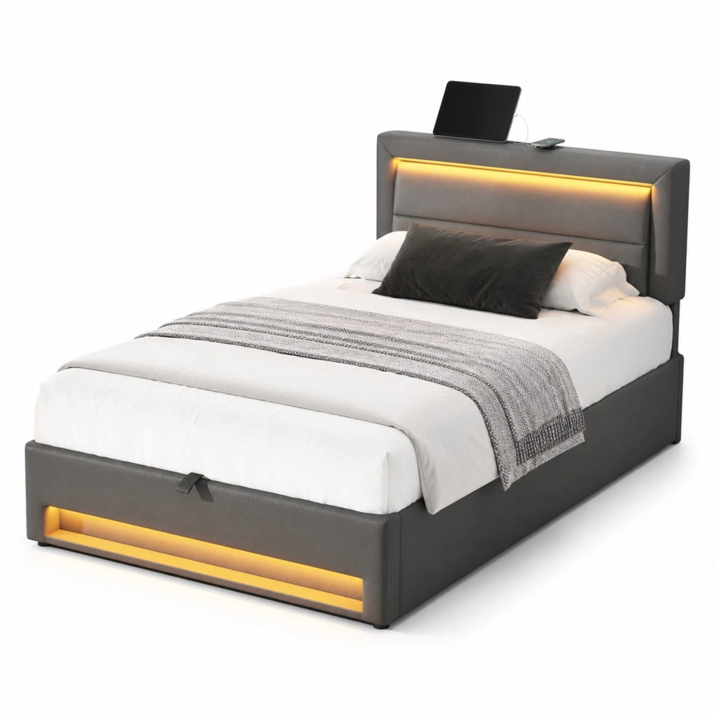 Letto imbottito con USB; LED e contenitore; per materasso 90x190 cm; PU grigio