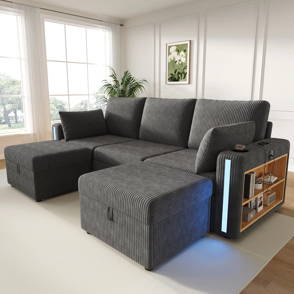Canapé modulaire in velluto a coste con 2 pouf contenitore, LED, USB e tipo C, portabicchieri grigio 190 × 130 cm
