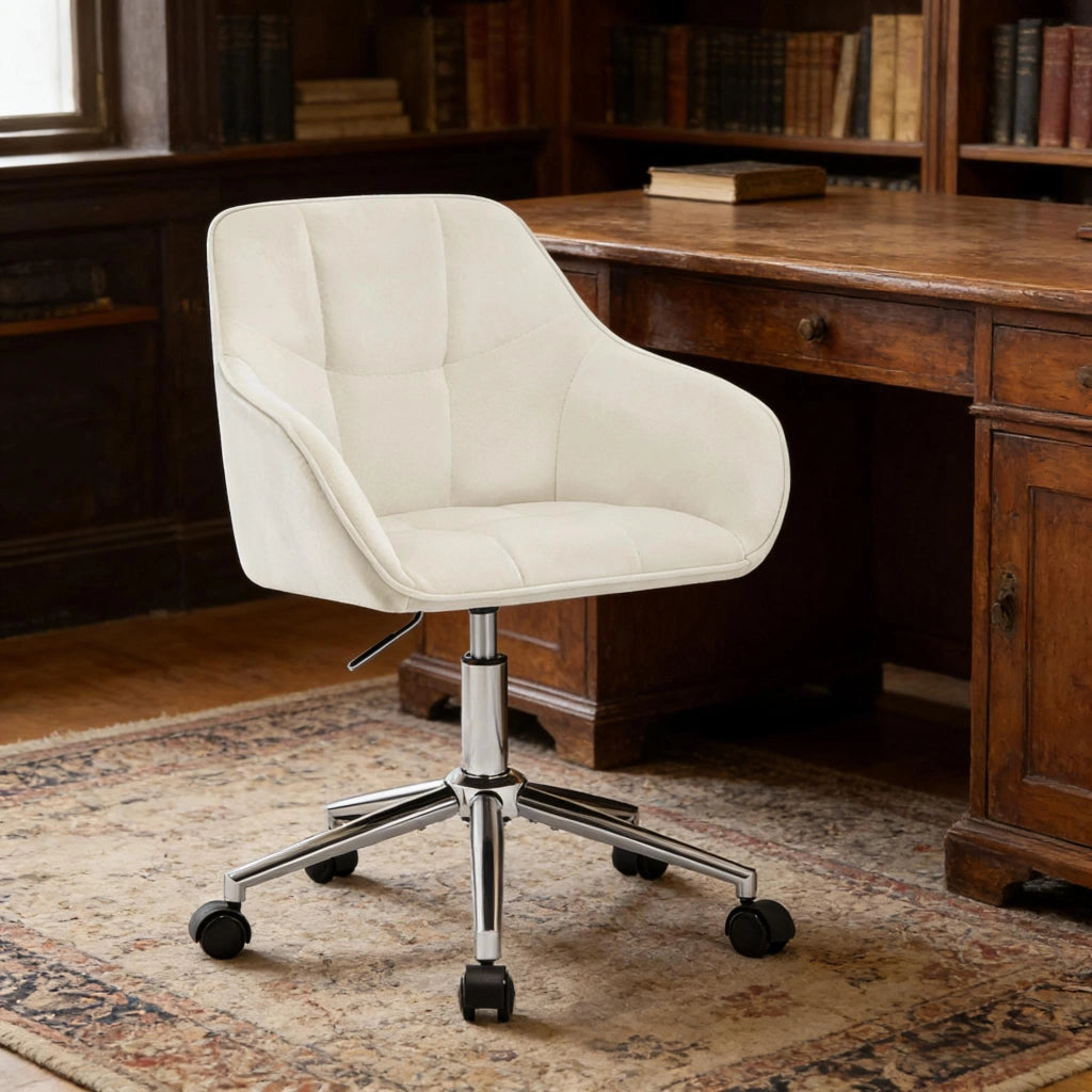 SEDIA da Ufficio Girevole Regolabile in Altezza Velluto Bianco Crema