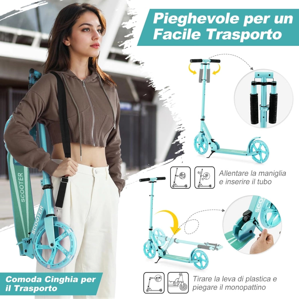 Monopattino Pieghevole con Altezza Regolabile, 2 Ruote Luminose con Freno, Manubrio Regolabile, Pedana Antiscivolo, Tracolla e Cavalletto, Scooter Portata 100kg, 10+ Anni