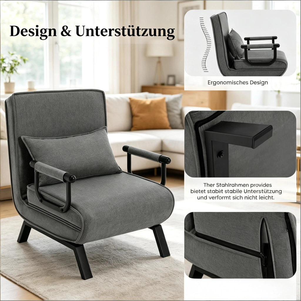 SEDIA LETTO 3 IN 1 65x78x75 cm Grigio in lino, metallo e schiuma