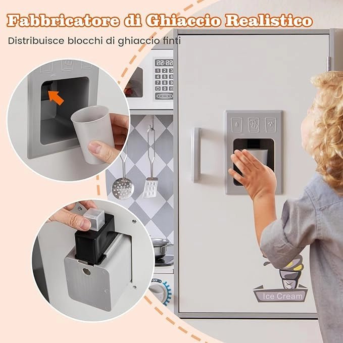 Cucina Giocattolo per Bambini, Cucina per Bambini in Legno con Forno, Microonde, Macchina del Ghiaccio, Lavatrice, Lavello e Rubinetto, Con Suoni e Luci Reali, per Bambini 3+ Anni
