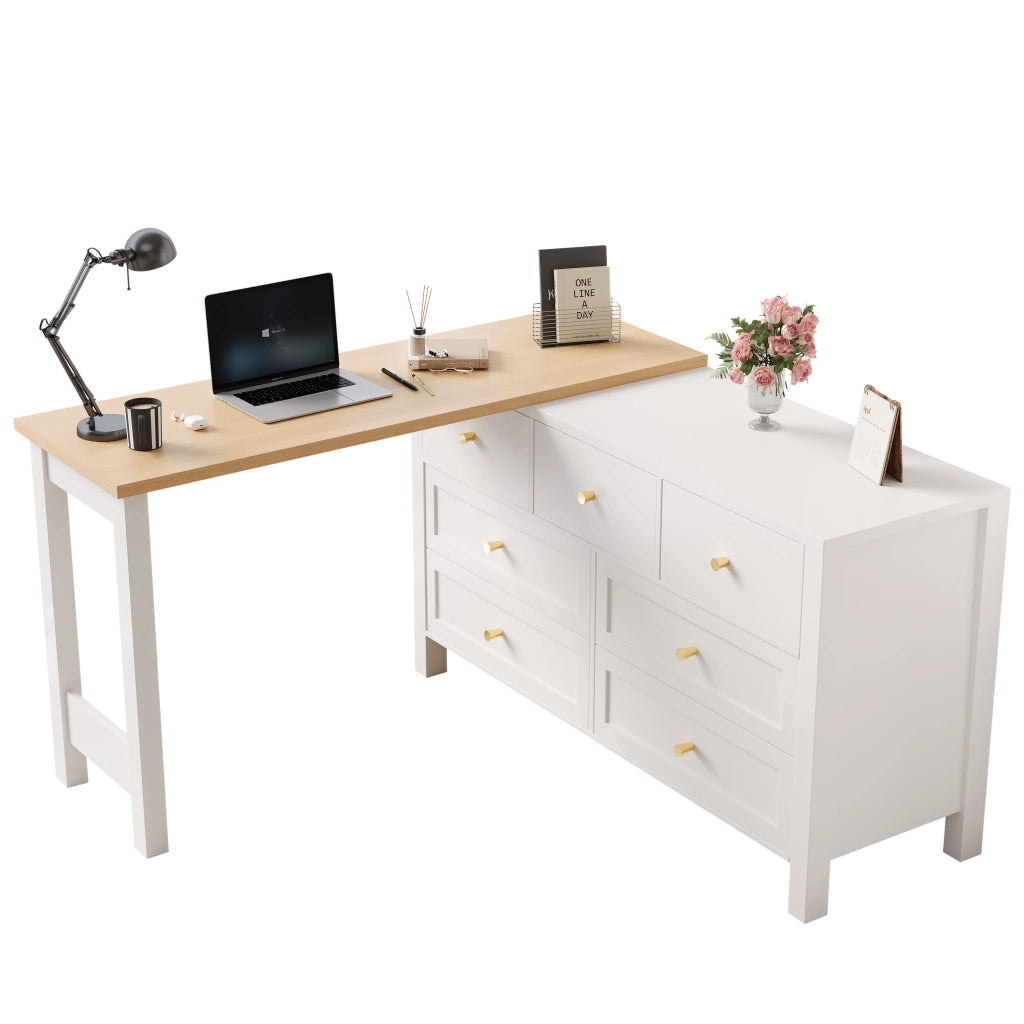 Scrivania girevole 2 in 1 con 7 cassetti, effetto quercia bianco/naturale, 120 x 40 x 70 cm