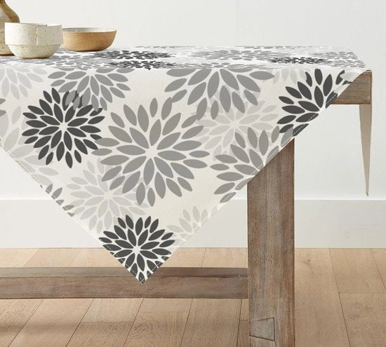 Tessuto da Tavola con Fiori di Zinnia Grigio, Decorazione di Tavola per Estate e Autunno, 100x100 cm