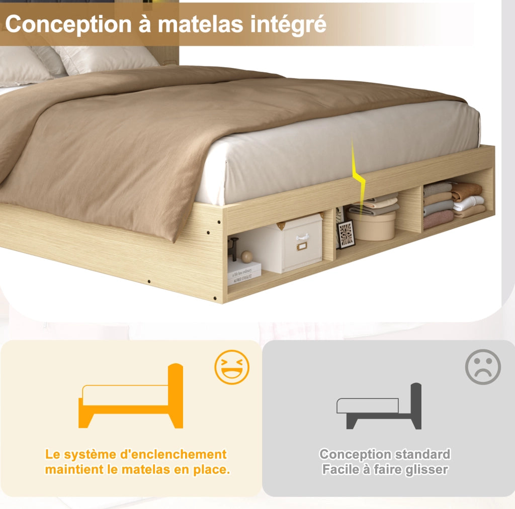 Letto matrimoniale 180x200 cm con contenitore; prese USB e Type-C; luci orientabili; rovere chiaro