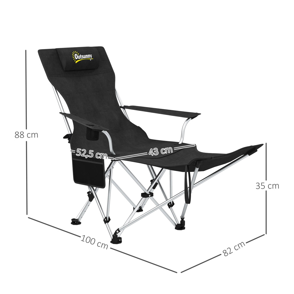 Sedia Pieghevole da Camping con Poggiapiedi e Portabicchieri ¨C zephmum ¨C 2 Pezzi, Nero, 125x48x90 cm
