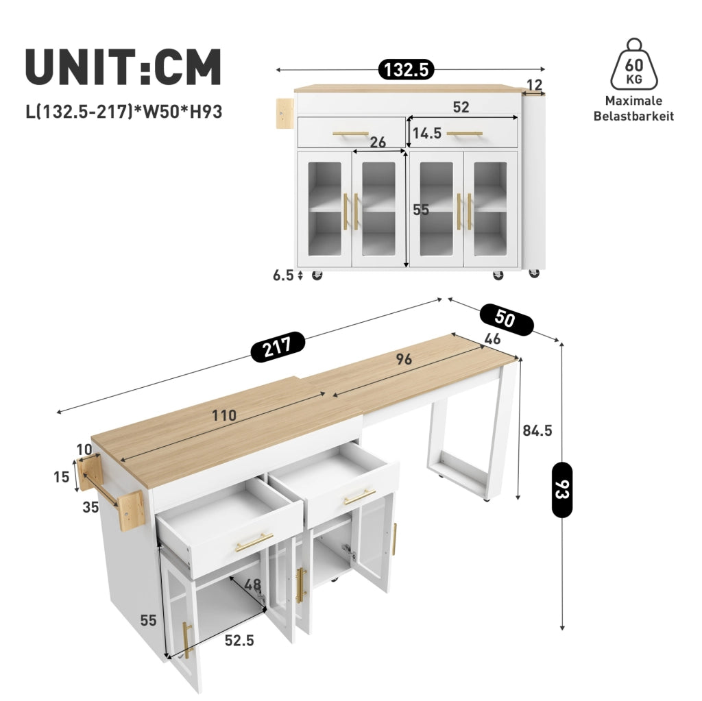 Isola cucina mobile con piano estraibile e tavolo snack; 132;5-217 x 50 x 93 cm; bianco