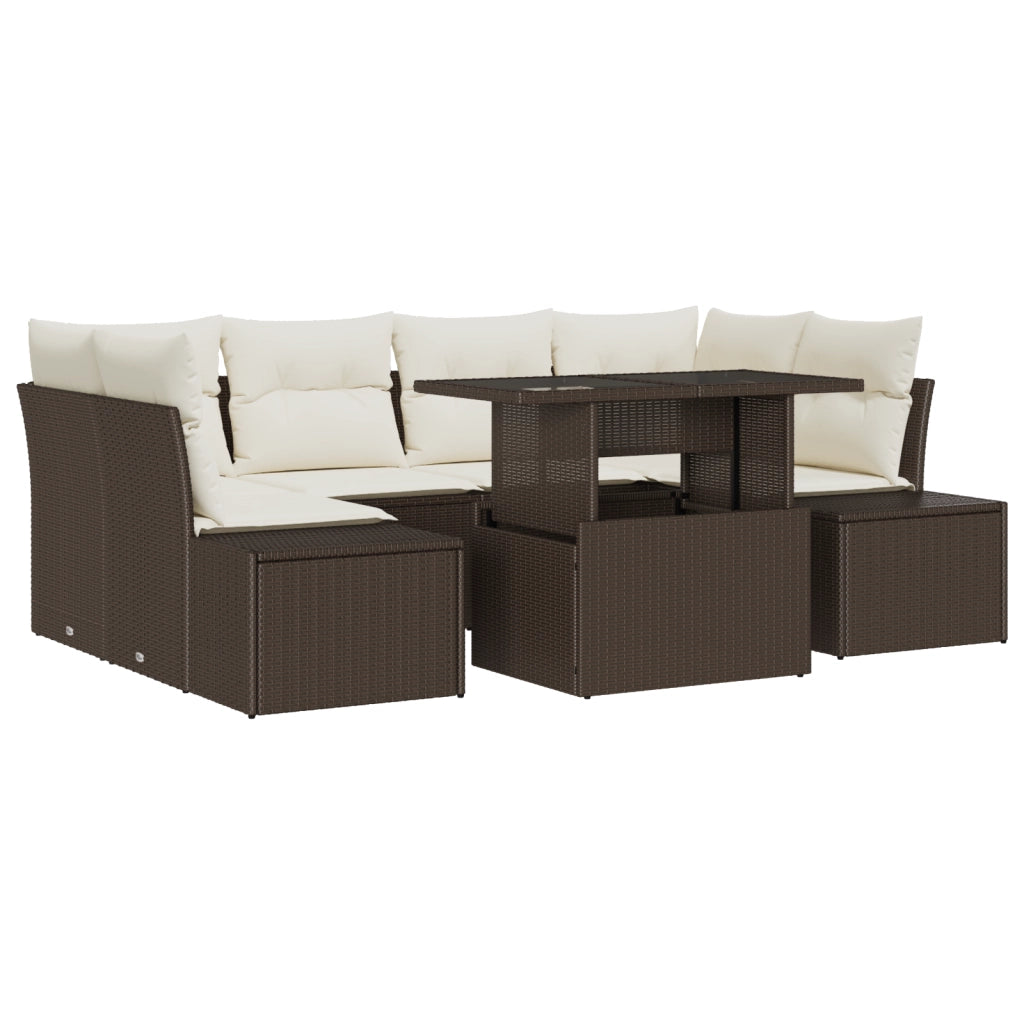 Set Divano da Giardino 7 Pezzi con Cuscini Marrone in Polyrattan