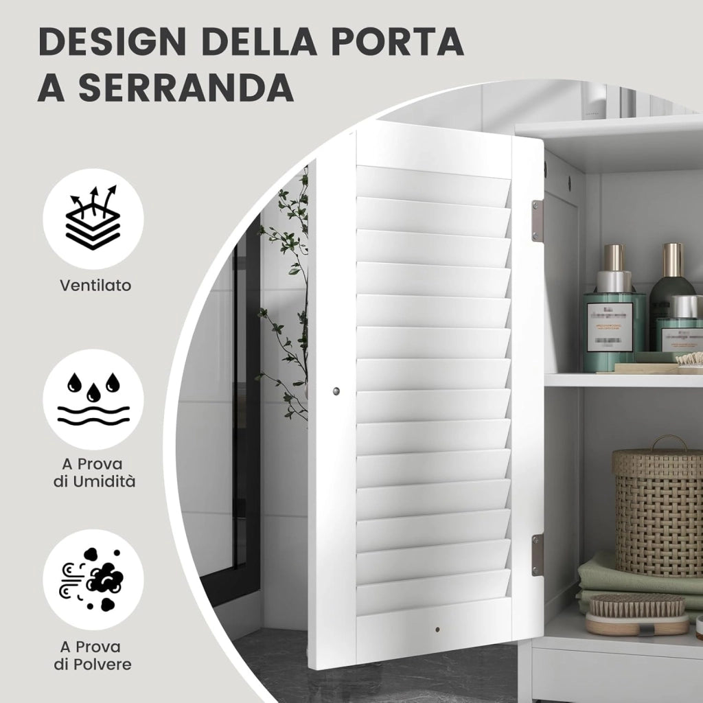 Mobile Sottolavabo per Bagno, Armadietto a Terra con 2 Ante a Persiana, Ripiano e Taglio a U 24 x 20cm, Organizer Moderno e Salvaspazio per Prodotti da Toeletta e Asciugamani, Bianco