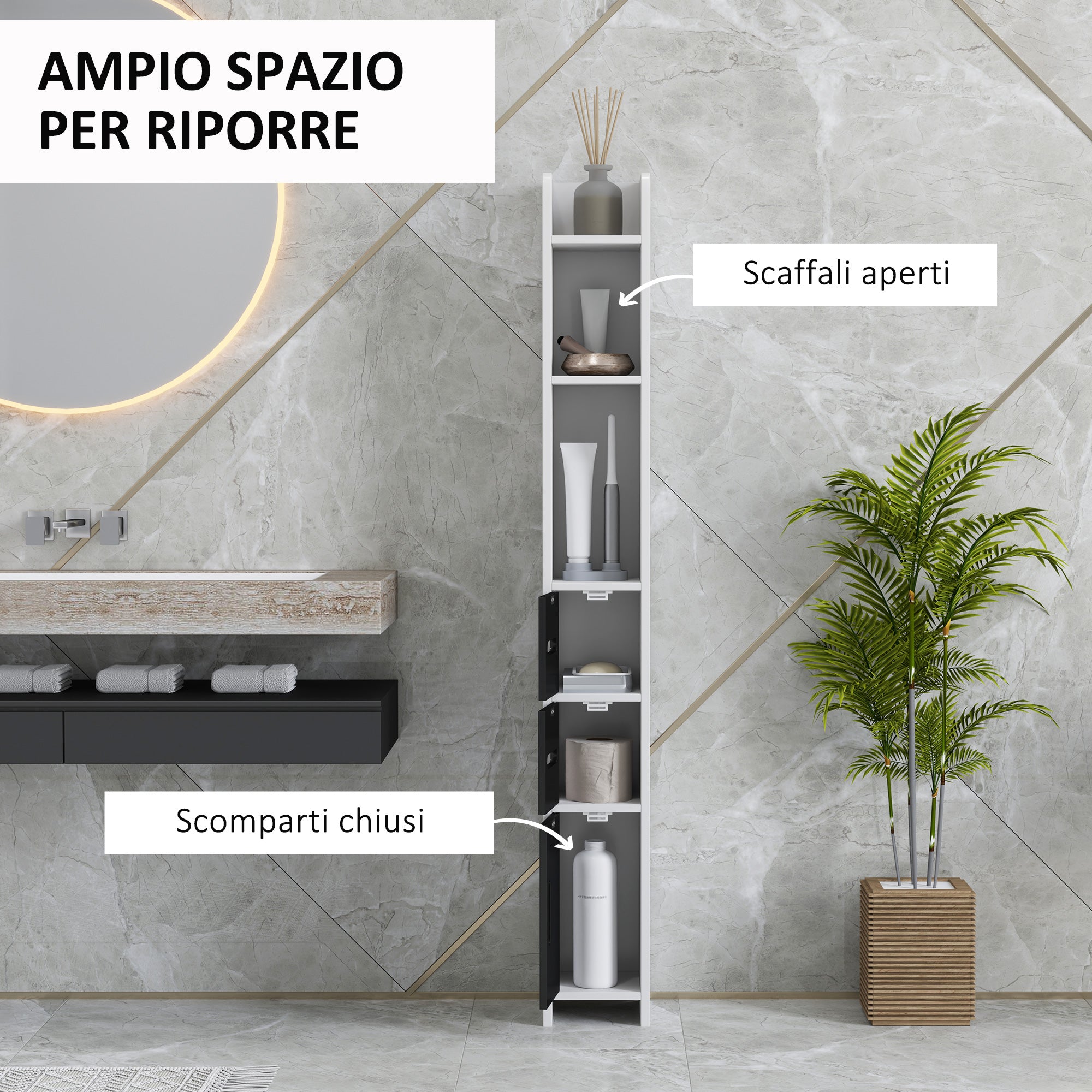 Mobile a Colonna da Bagno 15x17x120 cm con Ripiani a Giorno e Armadietti in Legno Bianco e Nero