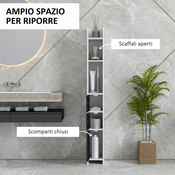 Mobile a Colonna da Bagno 15x17x120 cm con Ripiani a Giorno e Armadietti in Legno Bianco e Nero