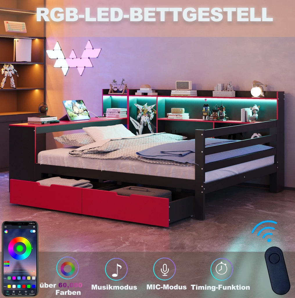 Letto matrimoniale multifunzione 140x200 cm in legno; con scrivania; LED e cassetti; nero e rosso