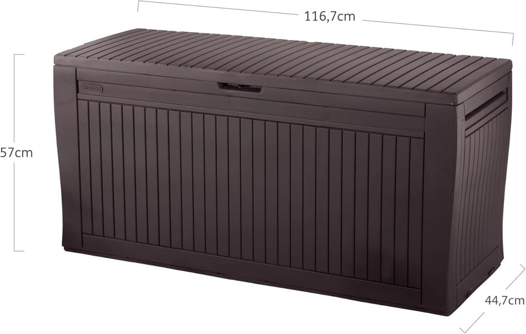Cassapanca da Esterno Comfy 270 Litri in Resina Effetto Legno con Ruote e Seduta Portata 220 kg Colore Marrone Keter
