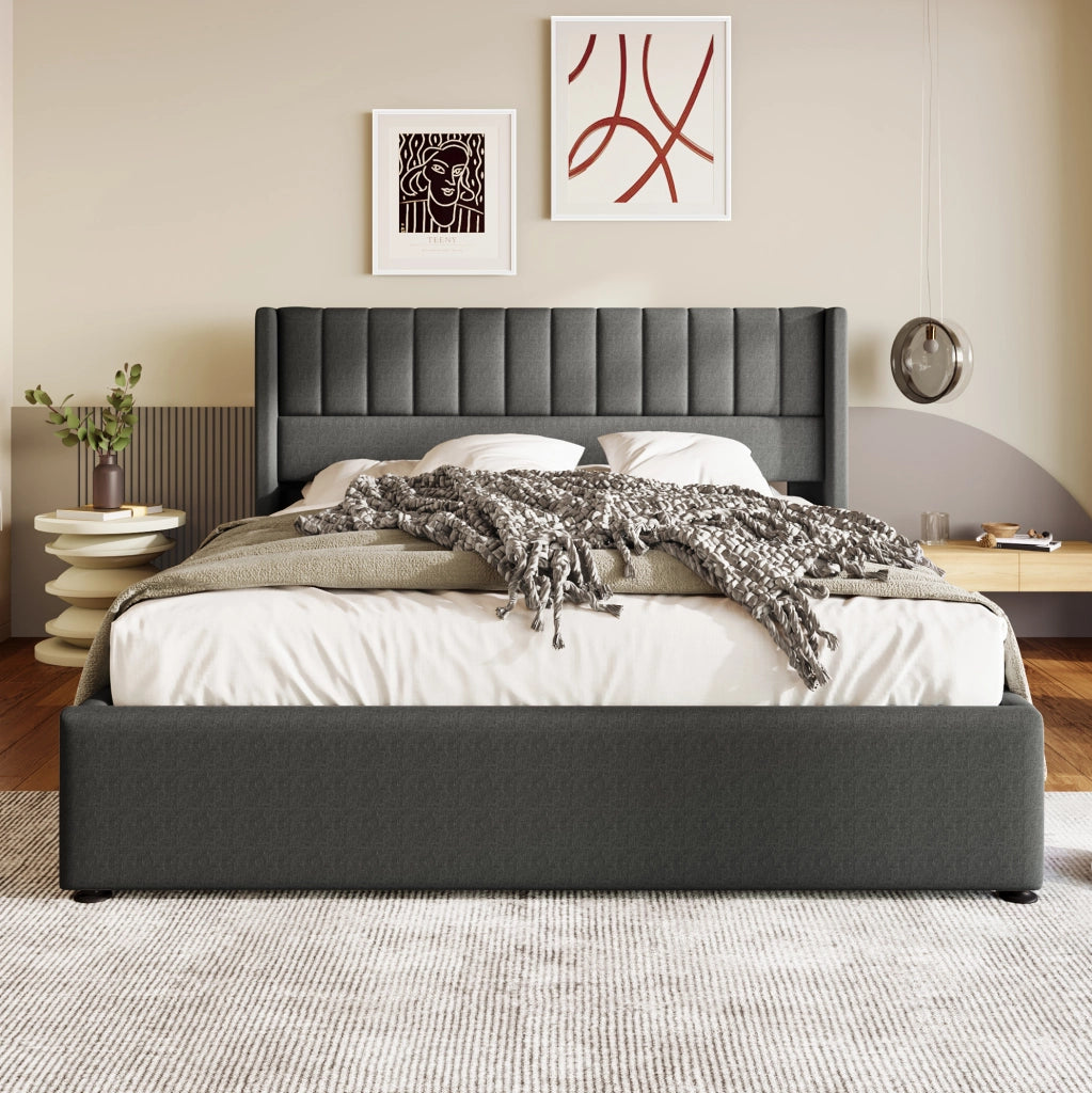 Letto matrimoniale contenitore 180x200 cm imbottito con rete sollevabile in lino grigio