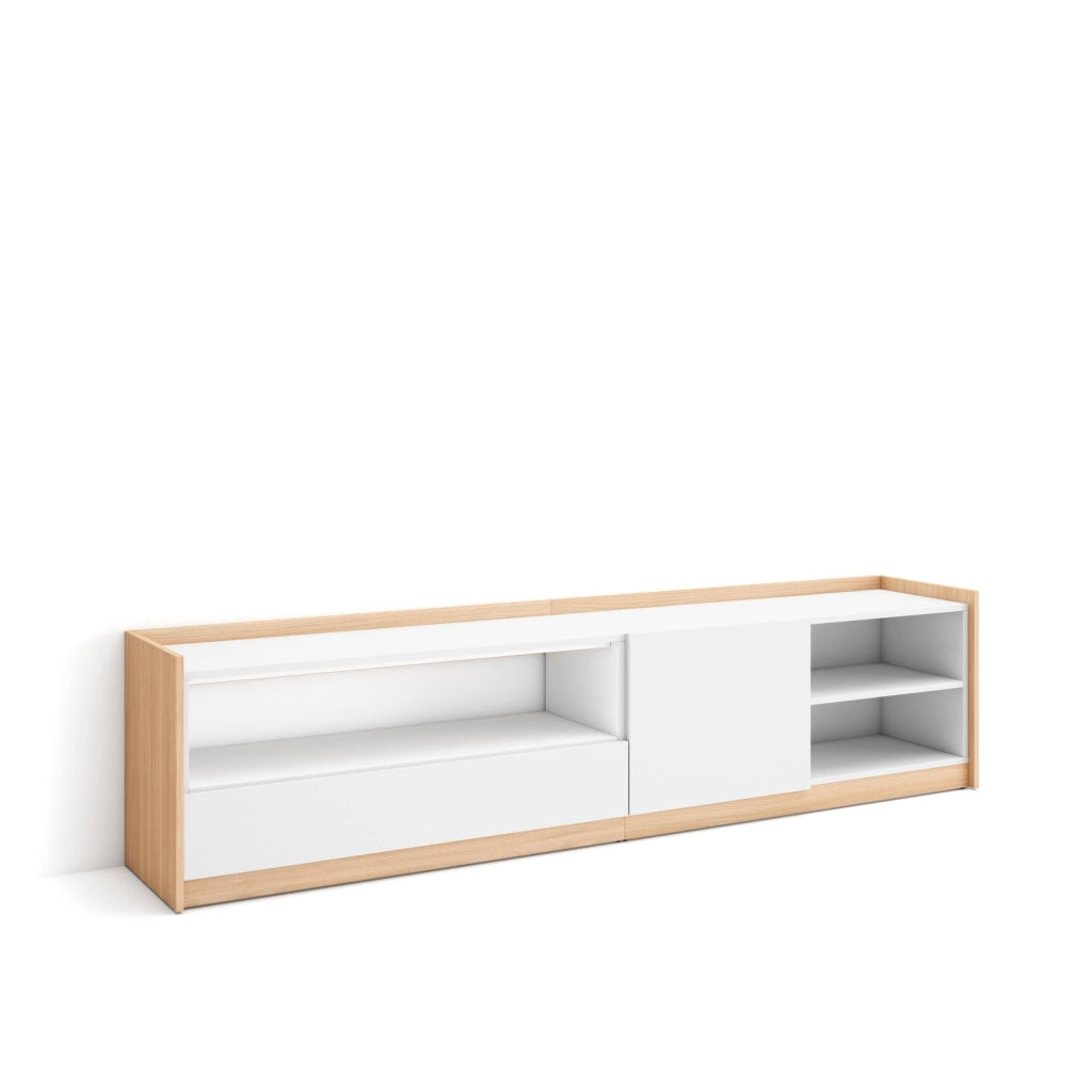Mobile TV Soggiorno, 207x50x37 cm, Per TV fino a 80", Mobile Soggiorno, Bianco e Rovere soft