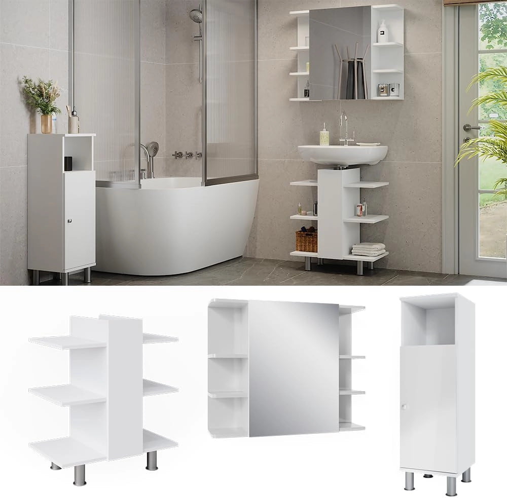 Set mobili bagno Fynn, Bianco, 79.6 cm, composto da mobile sottolavabo, specchiera e mobile medio