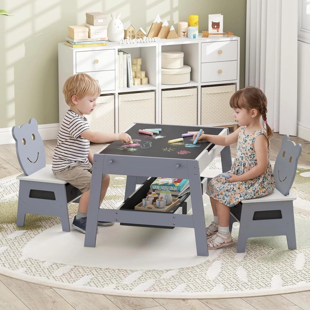 Set Tavolo e 2 Sedie per Bambini, 5 in 1 Tavolino e Sedie con 4 Ganci, 3 Scatole in Tessuto e Lavagna Reversibile per Bambini 3+ Anni per Cameretta Ragazzi (Grigio, Stile 4)