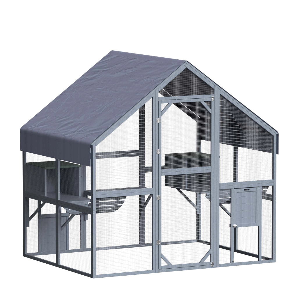 Recinto per gatti da esterno 140 x 187 x 187 cm, recinzione antifuga in legno con telo di copertura impermeabile per il tetto, diversi livelli, per giardino, balcone, terrazzo