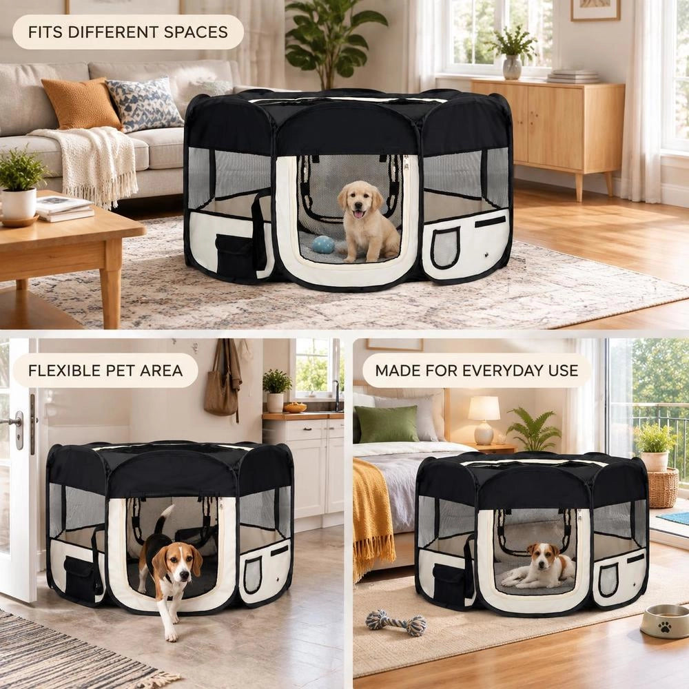 Foldable Puppy Playpen With Carrying Bag, Black, 145x145x61 Cm
