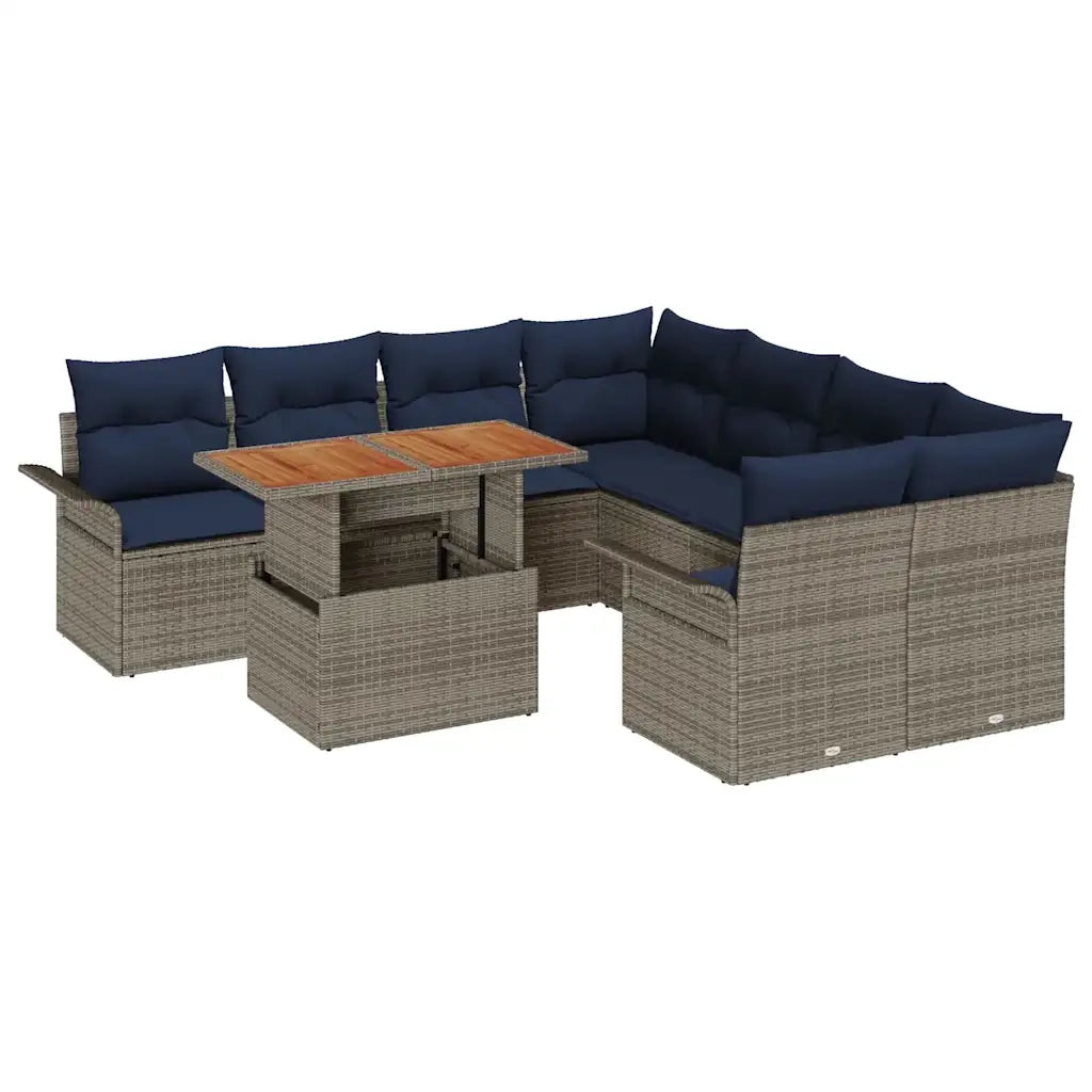 Set Divano da Giardino 9 pcs Grigio e Blu Navy polyrattan