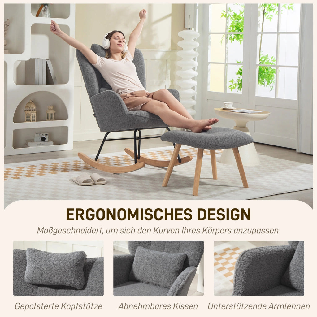 Poltrona a Dondolo Reclinabile con Poggiapiedi ¨C zephmum ¨C Tessuto Fleece Grigio Scuro