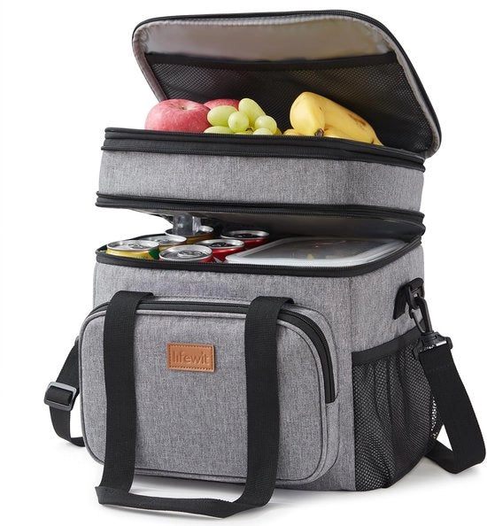 Borsa pranzo per uomo e donna, borsa pranzo a doppia tasca, grande borsa isolata morbida con termos, impermeabile con cinturino a spalla, per adulti per lavoro/volo/travel, 21L/30 bottiglie, grigio