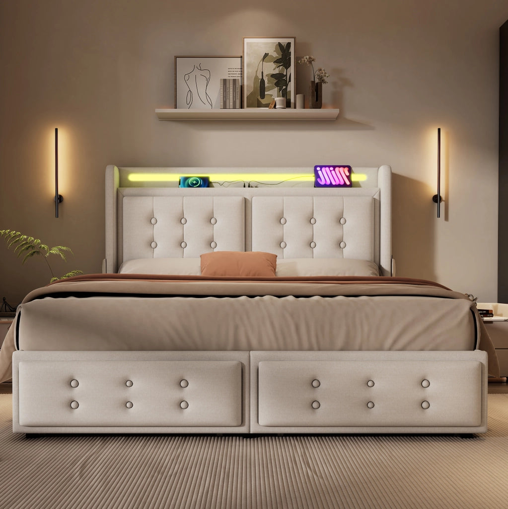 Letto imbottito 160x200 cm con LED; USB e 4 cassetti in cotone lino grigio/beige
