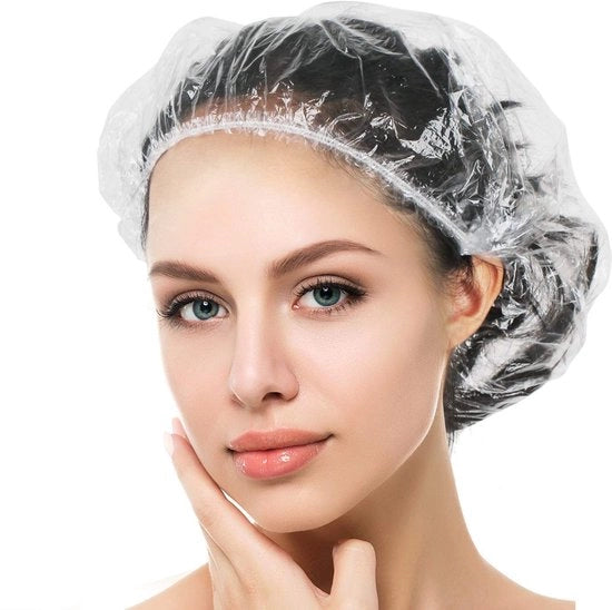 100 capi di cuffia da doccia in plastica trasparente - grandi - spesse - multifunzionali - guanti da bagno impermeabili per donne - adatti per la spa, in casa, in hotel e in saloni di bellezza, e ideali per viaggi