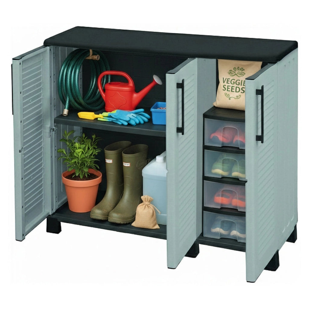 Armadio multiuso da esterno o Alaghesia, Mobile a 3 ante e 1 ripiano in polipropilene, 100% Made in Italy, cm 102x37h90, colore Grigio