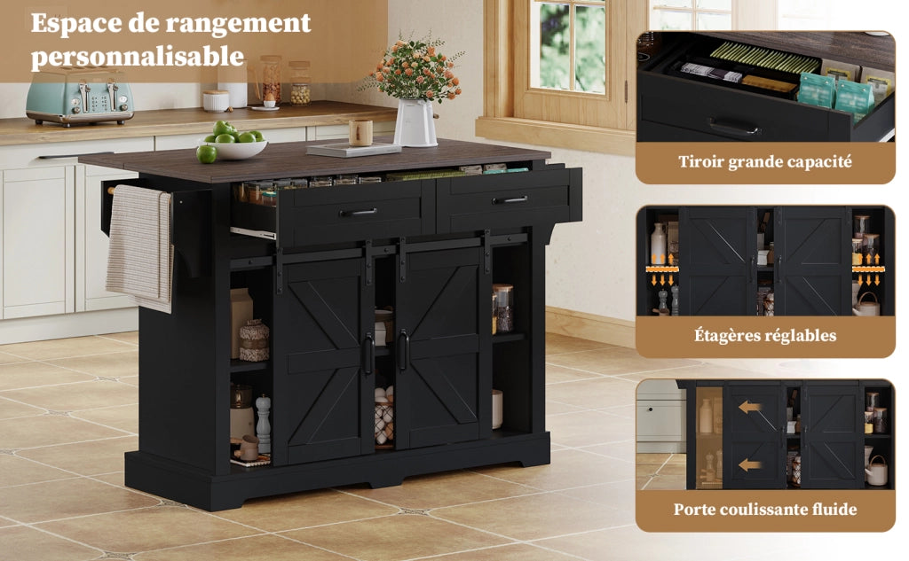 Carrello da cucina con piano ribaltabile, 2 ante scorrevoli e 2 cassetti, stile fienile, in MDF, nero, 120 × 45(70) × 91 cm