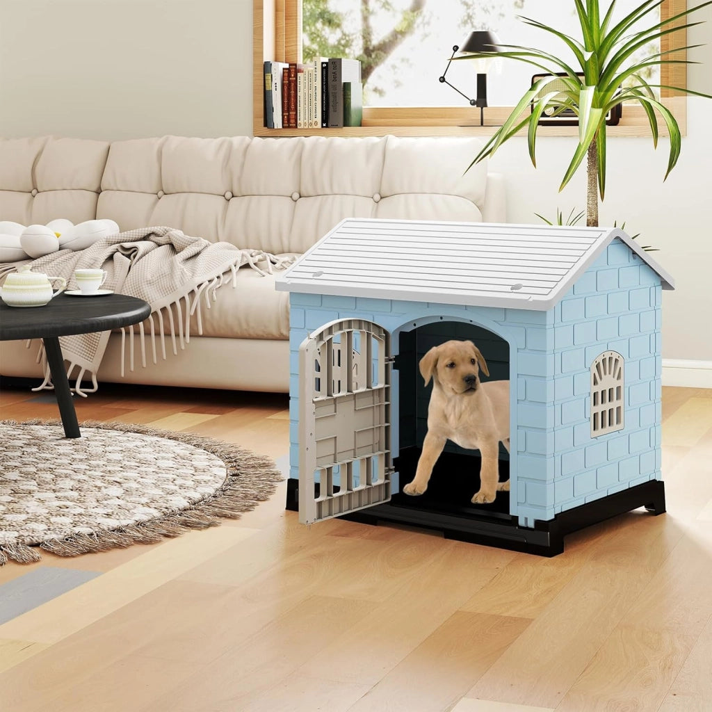 Cuccia per Cani da Esterno ed Interno, Casetta Impermeabile e Ventilata con Vassoio Toilette Rimovibile, Porta Bloccabile, 3 Finestre e Tetto a Pendenza, per Cani di Piccoli e Gatti (Blu)