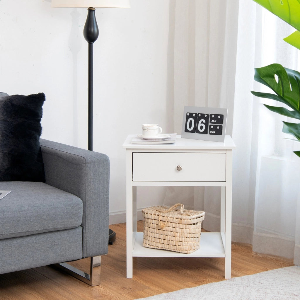 Set 2 comodini moderni con cassetto e mensola-Tavolini con 2 livelli per salone camera da letto corridoio Bianco