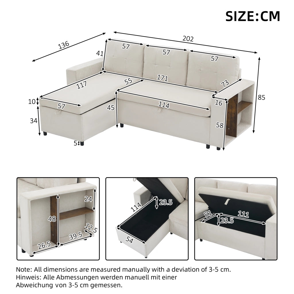 Divano ad angolo con contenitore e chaise longue reversibile in chenille beige per soggiorno 202 × 136 × 85 cm
